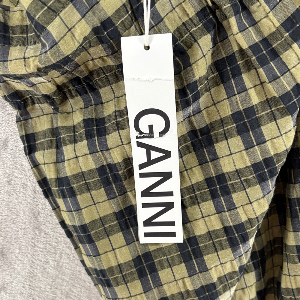 NWT--Ganni Plaid Wide Leg Seersucker Pants in Olive Green & Black Size 34=XS=US2 - Picture 8 of 11